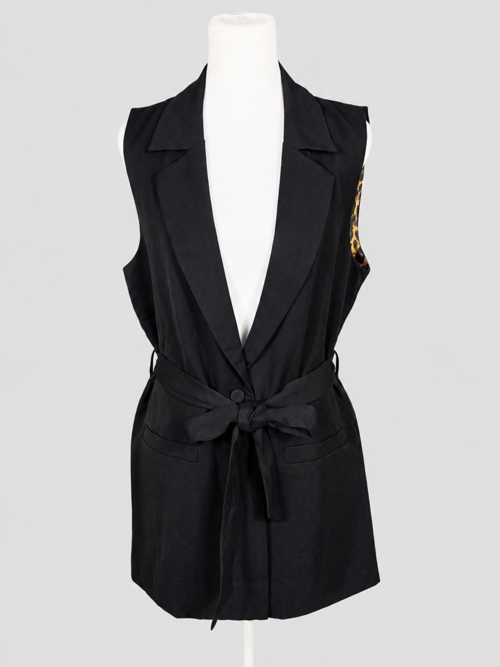 Les Serein Sleeveless Blazer Vest Black Belted Open Front Leopard Lining M NWT